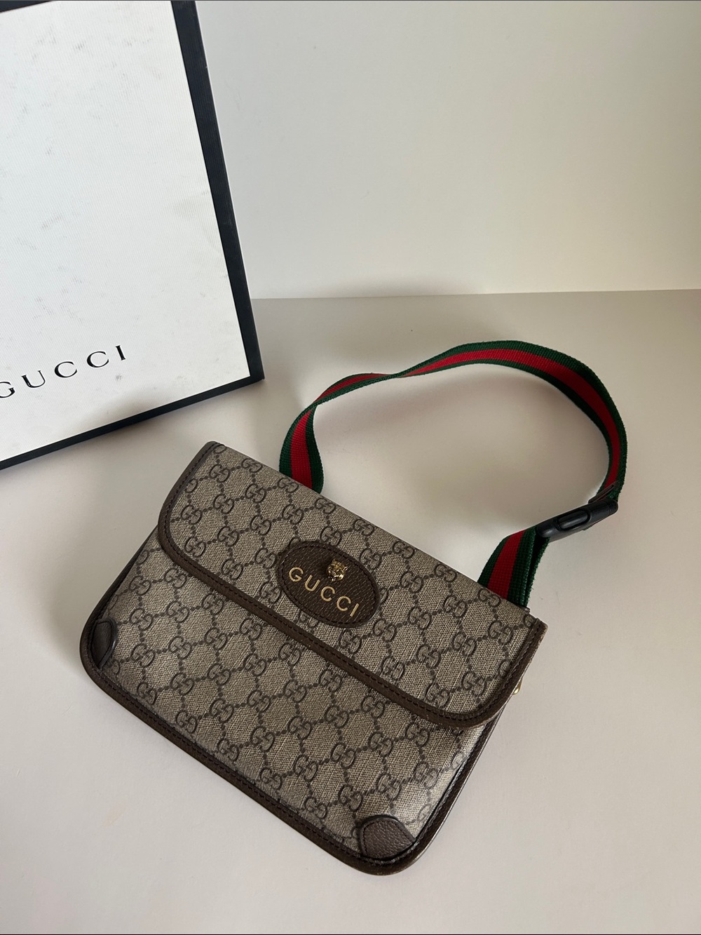 Gucci Brown GG Canvas Shoulder BELT Bag with Green-Red Web Strap
